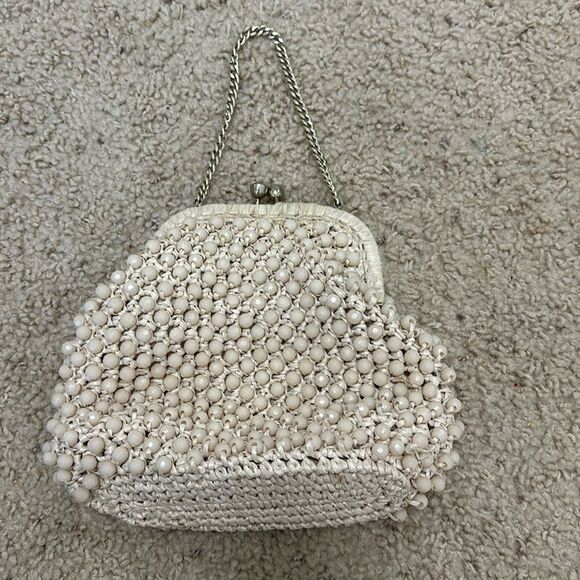 1950s Woven Beaded Purse, Vintage Raffia Handbag, Mid Century Accessory - Picture 1 of 8